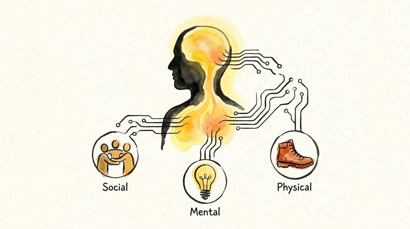 An illustration of a human silhouette connected to icons for social, mental, and physical activity, illustrating health benefits.