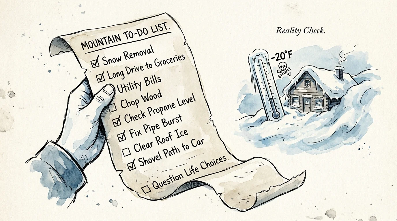 An illustration of a long to-do list including snow removal and long drives, symbolizing the challenges of mountain living.
