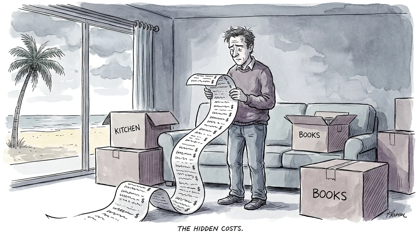 An illustration of a man looking surprised at a long bill while surrounded by moving boxes in a new home.