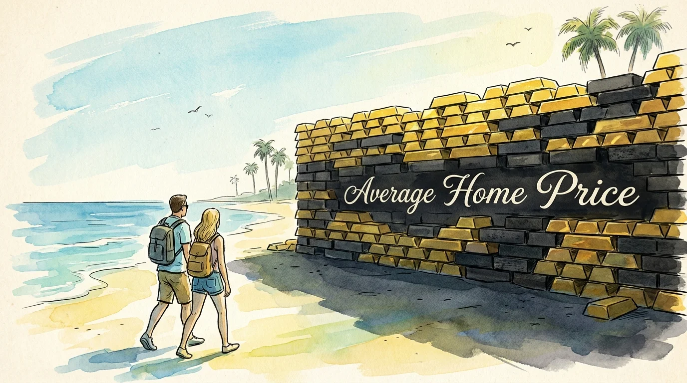 An illustration of a massive gold wall blocking access to a California beach, representing the housing cost barrier.