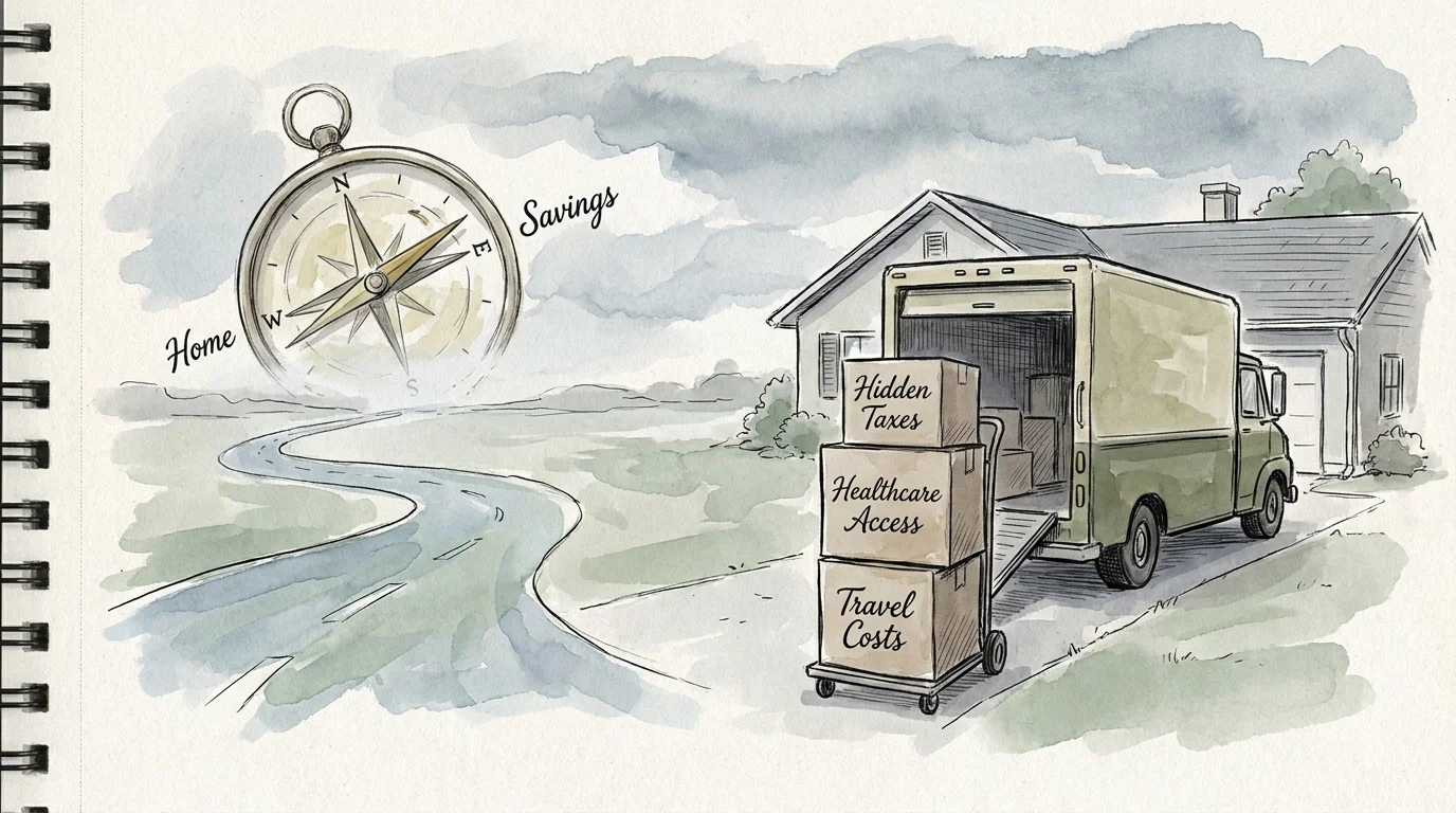 An illustration of a moving truck with boxes labeled with retirement concerns like healthcare and taxes.