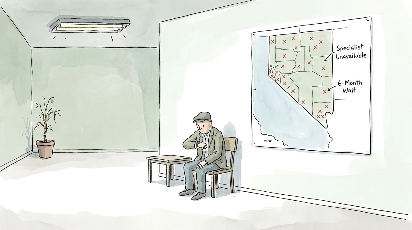 An illustration of a patient in a waiting room looking at a map of Nevada marked with long wait times for medical specialists.