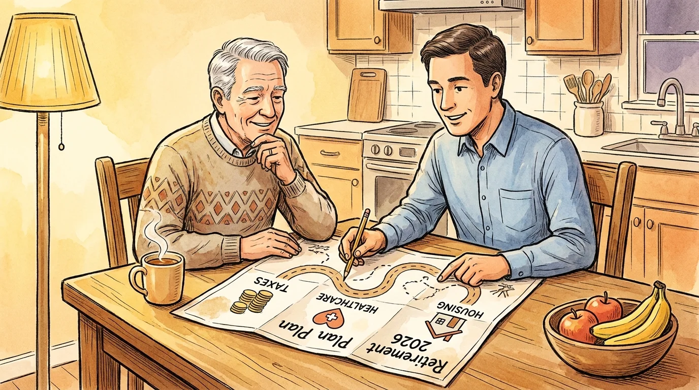 An illustration of a retiree and a financial advisor looking at a retirement roadmap together at a kitchen table.