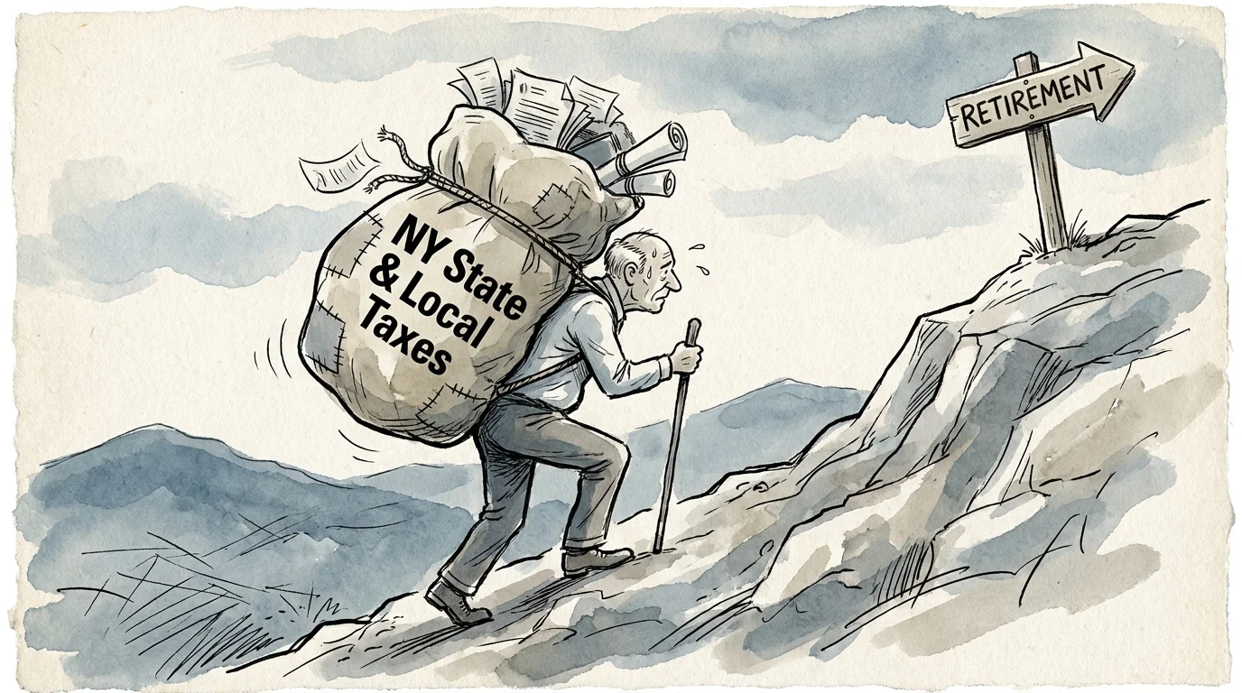 An illustration of a retiree carrying a heavy backpack labeled 'NY Taxes' while walking up a steep hill.