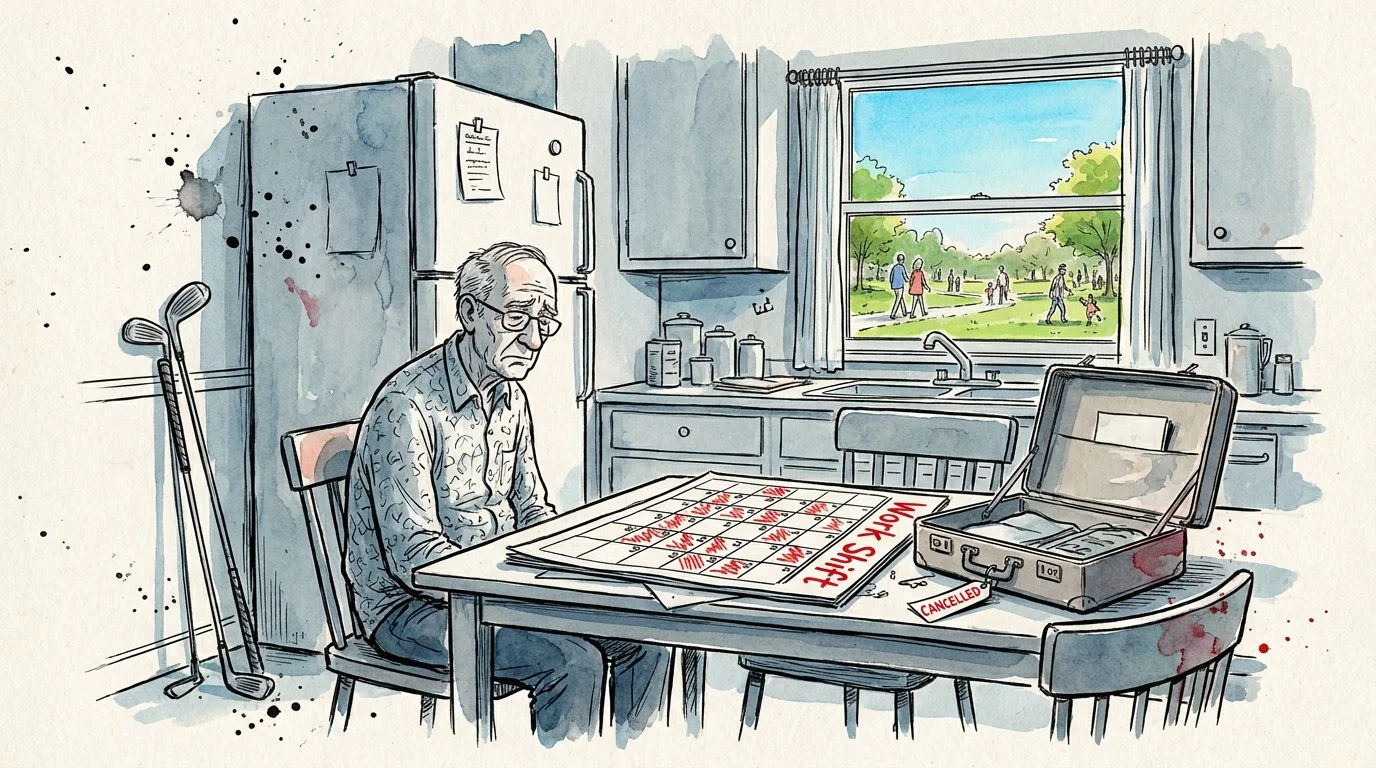 An illustration of a retiree looking stressed by a calendar full of work shifts, missing out on golf and travel.