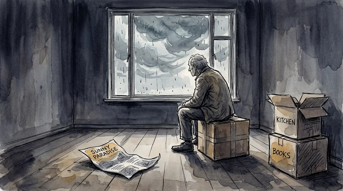 An illustration of a retiree sitting on a box in a new, empty room, looking out at a storm and feeling regret.