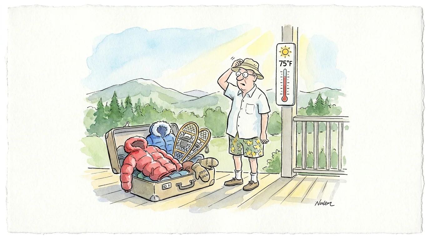 An illustration of a retiree who over-packed winter gear for a mild 75-degree summer, symbolizing common relocation planning mistakes.