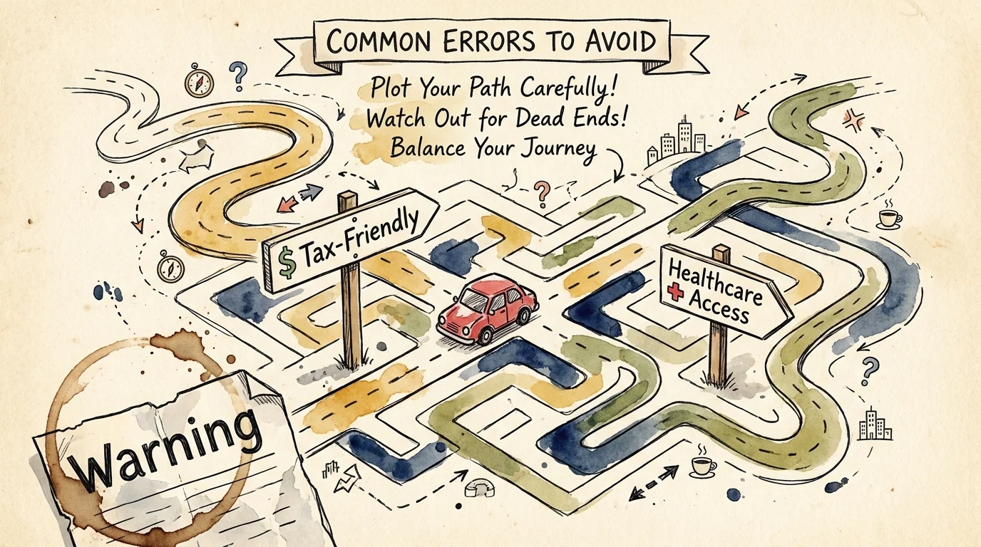 An illustration of a road map maze with signs for 'Tax-Friendly' and 'Healthcare Access'.