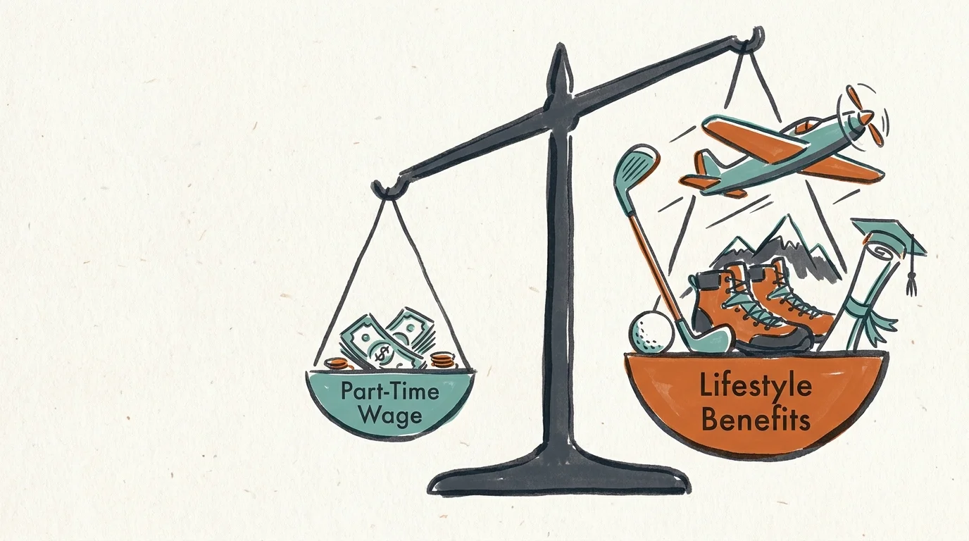 An illustration of a scale showing that lifestyle benefits like travel and golf outweigh a modest part-time paycheck.