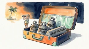 An illustration of a suitcase packed with heavy weights labeled with retirement downsides, while a retiree looks at a distant palm tree.