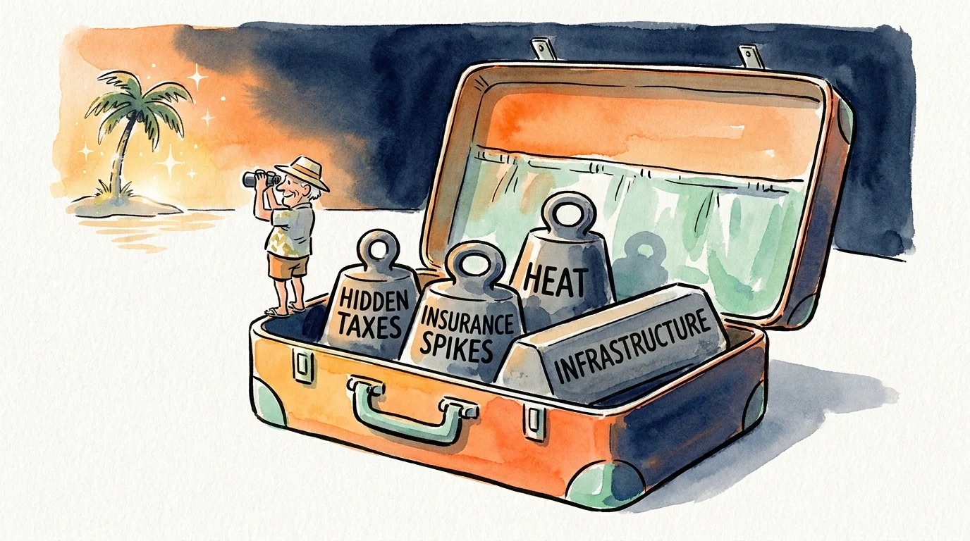 An illustration of a suitcase packed with heavy weights labeled with retirement downsides, while a retiree looks at a distant palm tree.