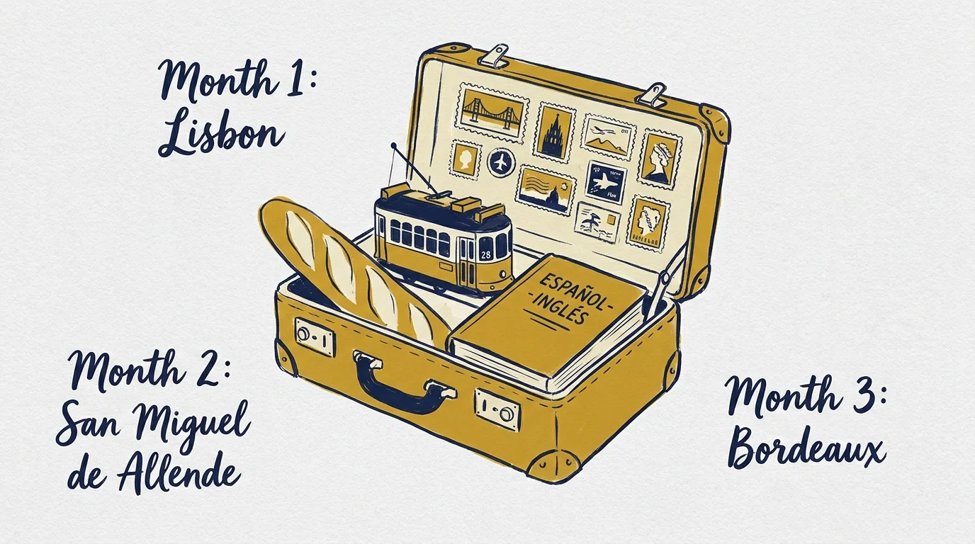 An illustration of an open suitcase filled with international symbols and labels for different global trial cities.