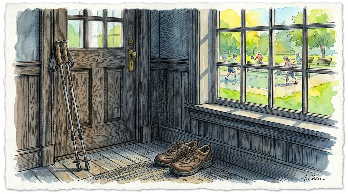 An illustration of walking poles by a front door, looking out at a bright park where people are active, representing mobility challenges.