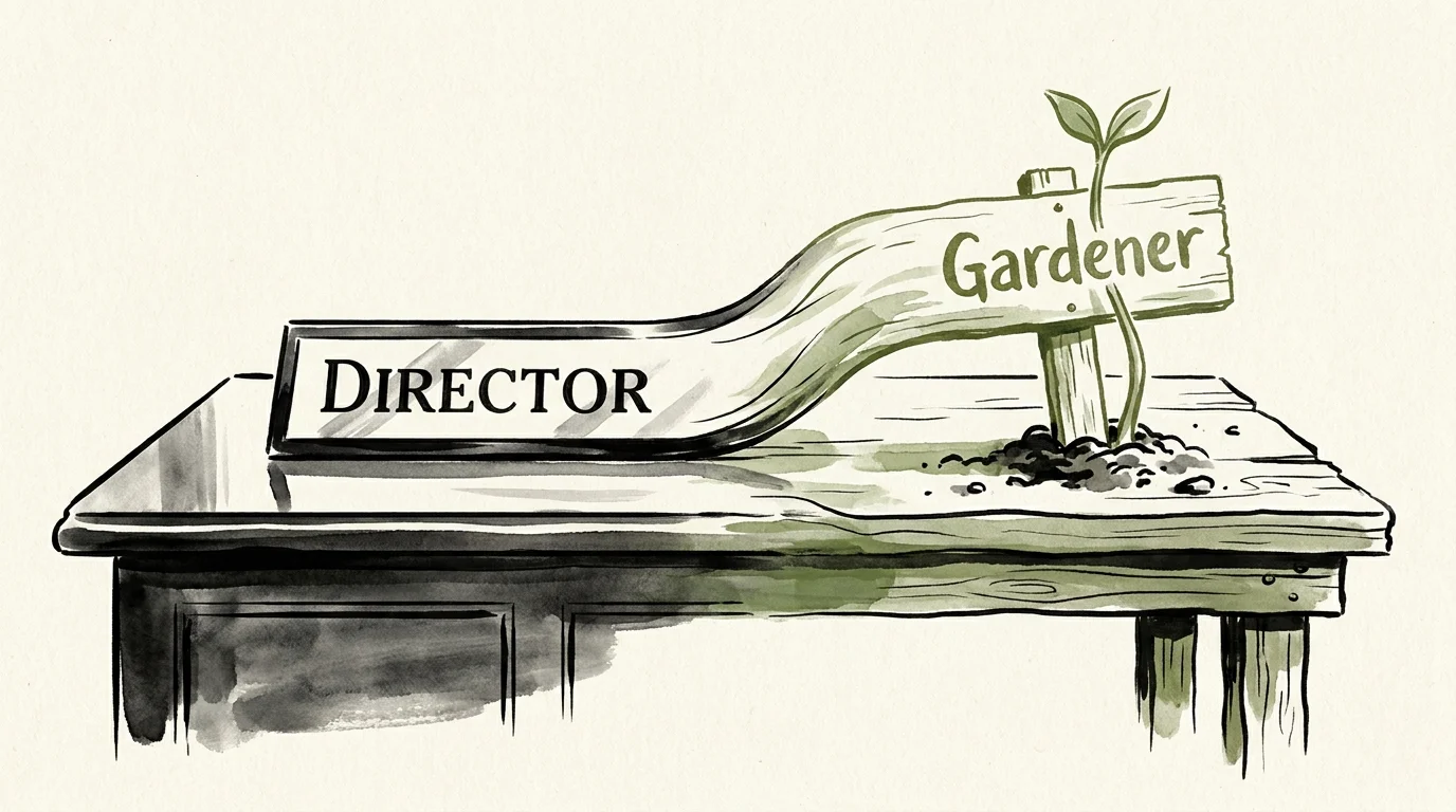 An illustration showing a corporate nameplate transforming into a garden plant marker across a desk.