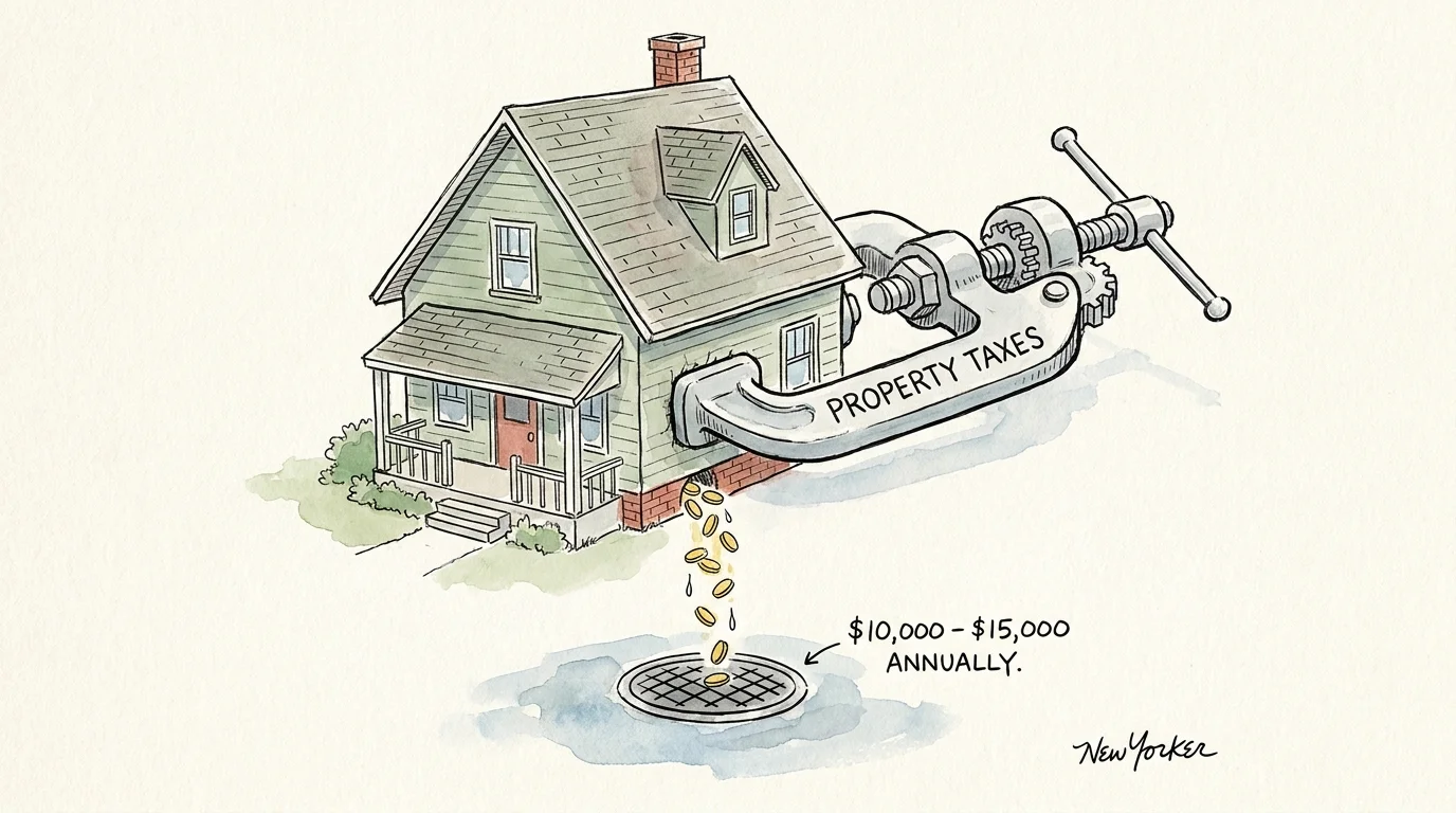 An illustration showing a house being squeezed by property taxes, with money draining away into the ground.