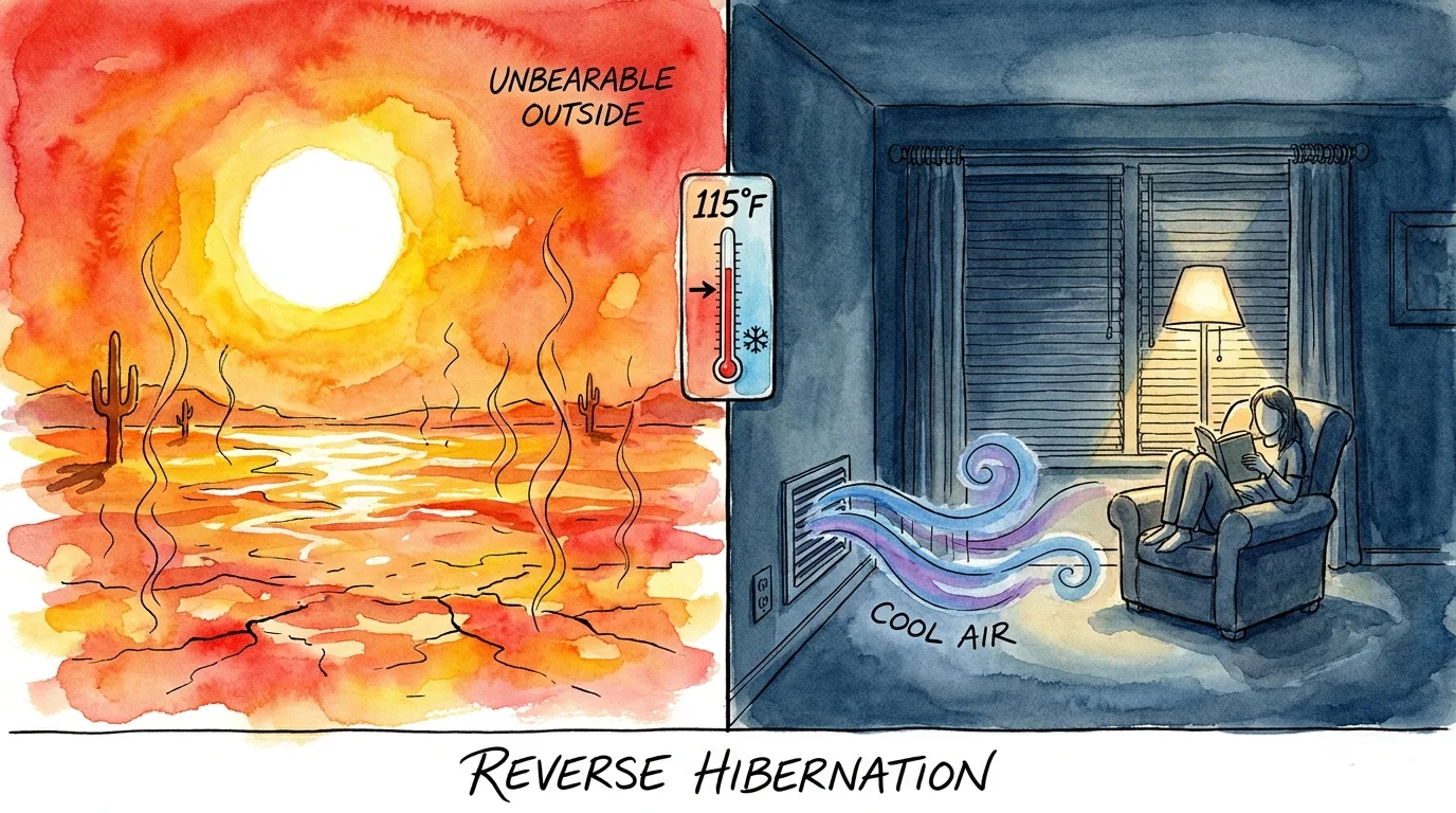 An illustration showing the contrast between the 115-degree desert heat outside and a person staying indoors with closed blinds.