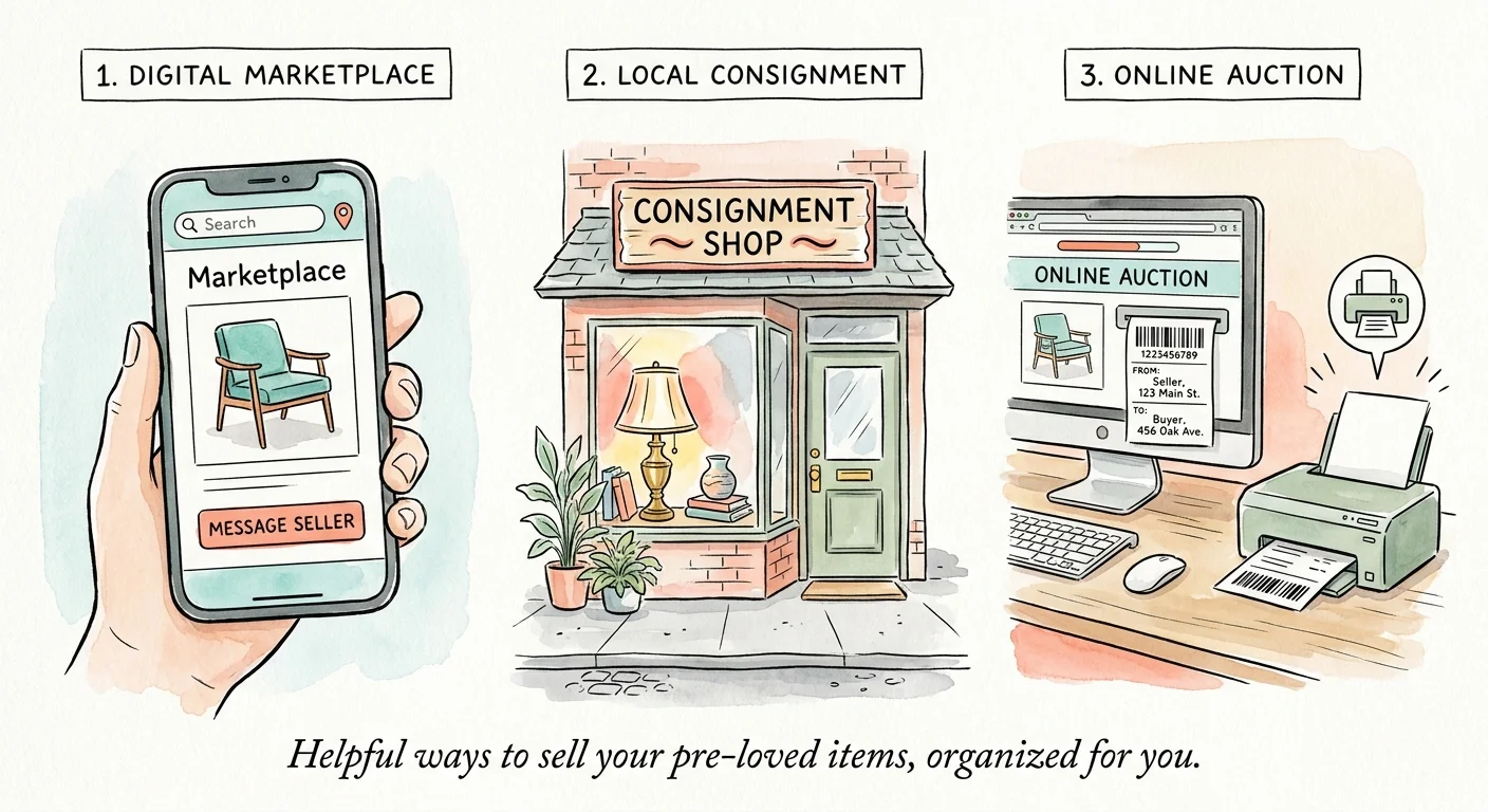 An illustration showing three ways to sell items: a smartphone app, a consignment shop, and an online auction.