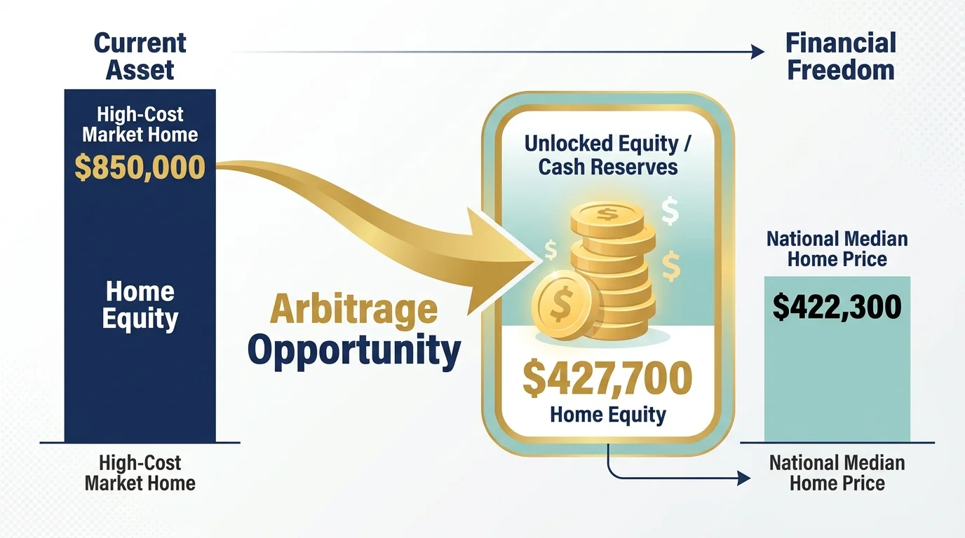 An infographic comparing a high-cost home value to the national median of $422,300 to show unlocked equity.