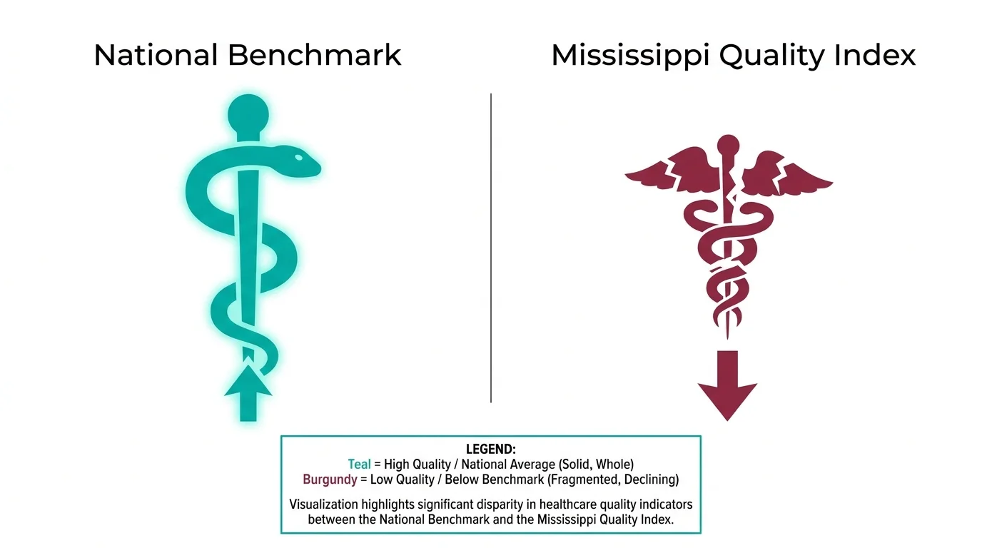 An infographic comparing national healthcare quality benchmarks to the lower index found in Mississippi.