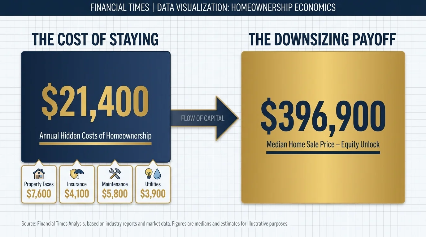 An infographic comparing the $21,400 annual cost of homeownership against the $396,900 median home sale equity unlock.