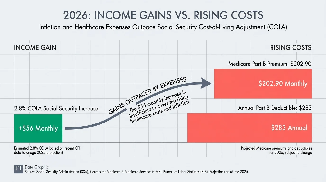 An infographic comparing the $56 Social Security increase against the $202.90 Medicare Part B premium and $283 deductible.