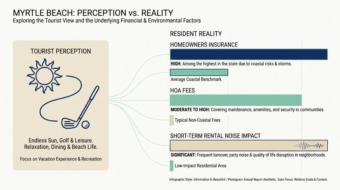 An infographic comparing the simple tourist view of Myrtle Beach to the complex financial reality of HOA fees and insurance.