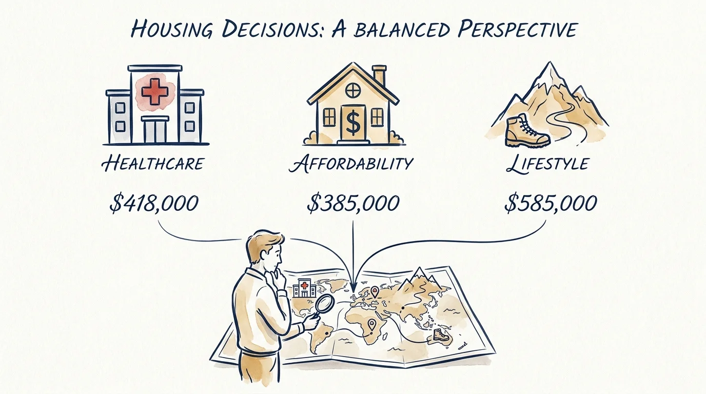 An infographic illustration showing icons for healthcare, affordability, and lifestyle with housing prices from the article.