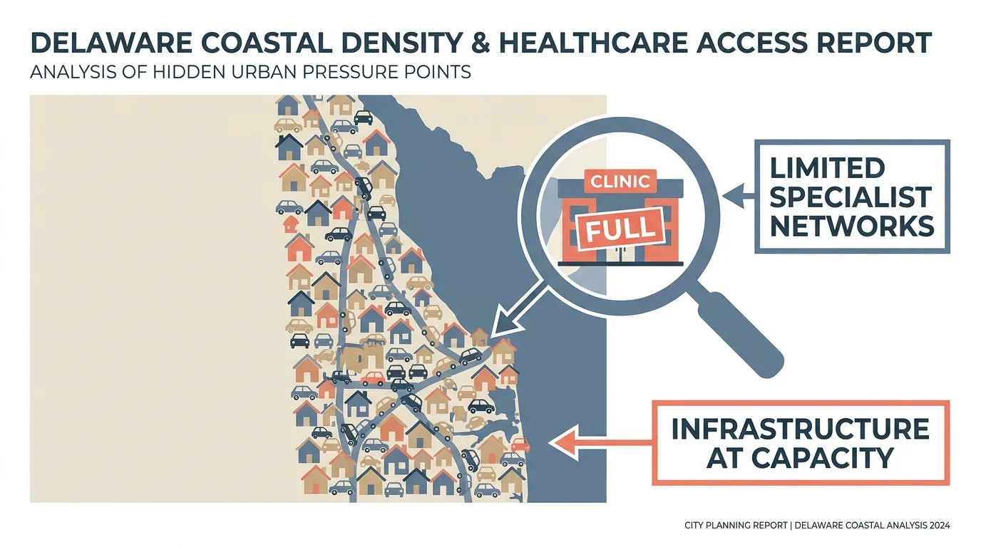 An infographic map of Delaware showing high housing density and symbols for limited medical clinic capacity.