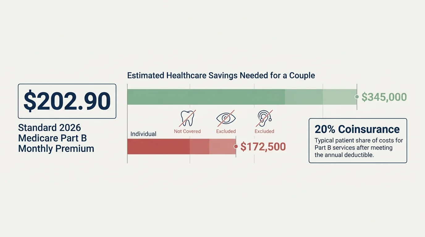 An infographic showing $202.90 Medicare premiums and $345,000 estimated healthcare savings needed for a retired couple.