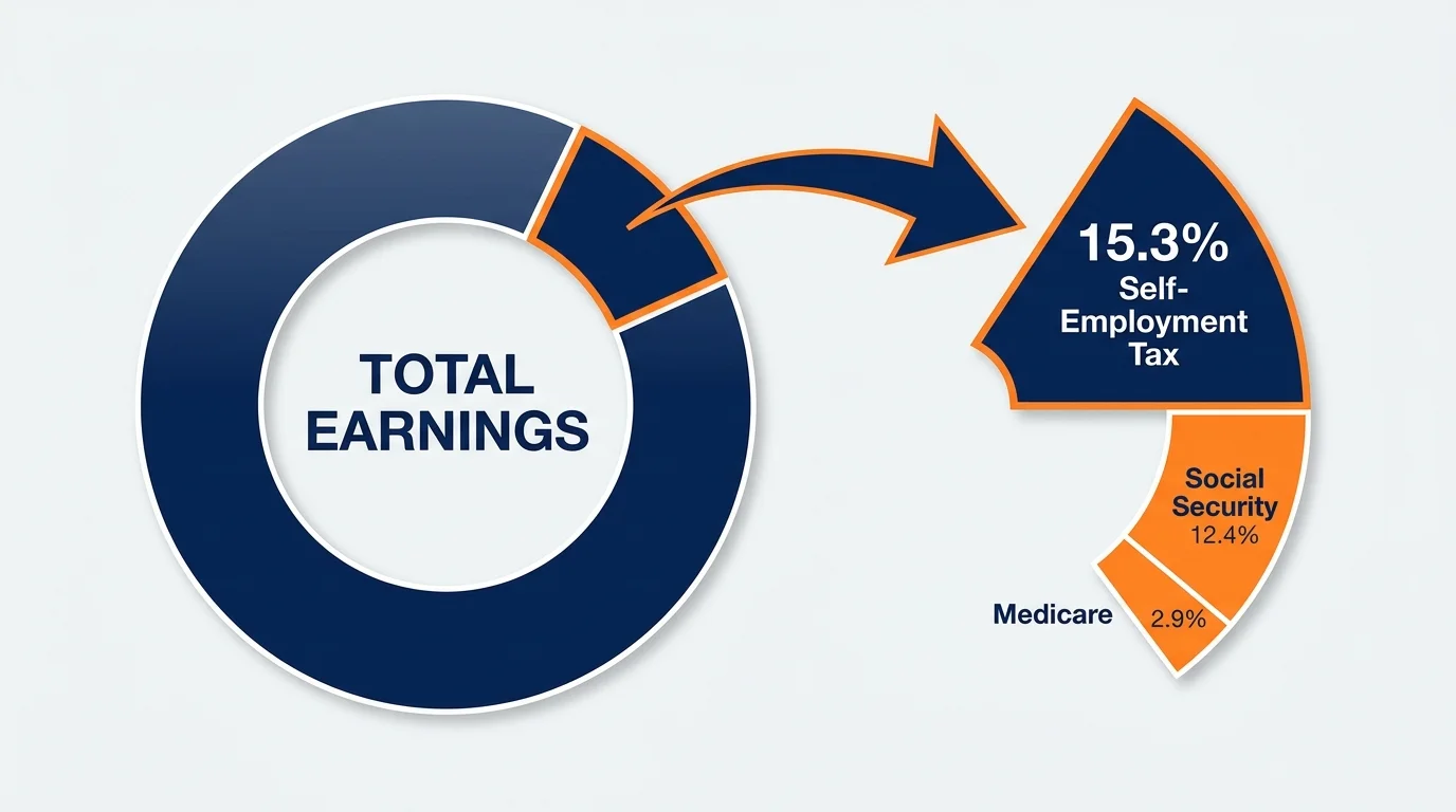 An infographic showing a 15.3% slice of income being allocated for Self-Employment taxes, split into Social Security and Medicare.