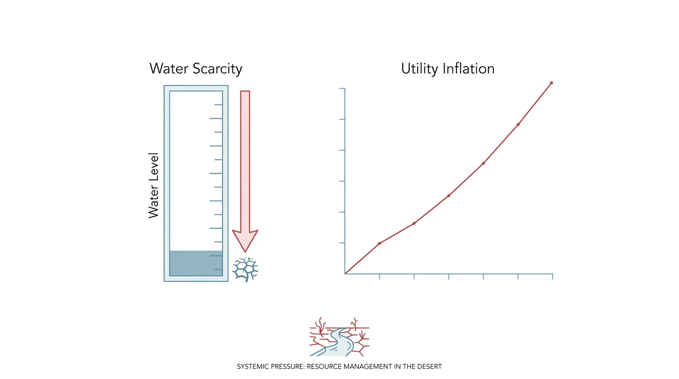 An infographic showing a declining water level gauge and a rising line graph representing utility costs.