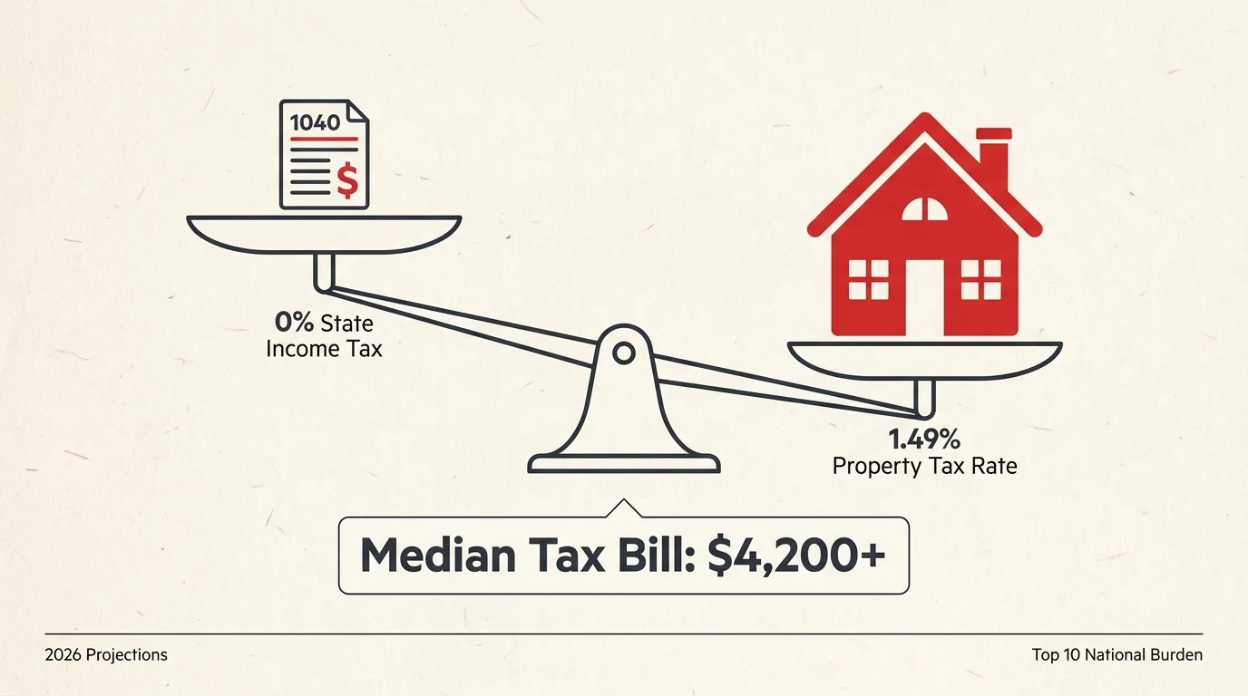 An infographic showing a scale where a 1.49 percent property tax outweighs the benefit of zero state income tax in Texas.