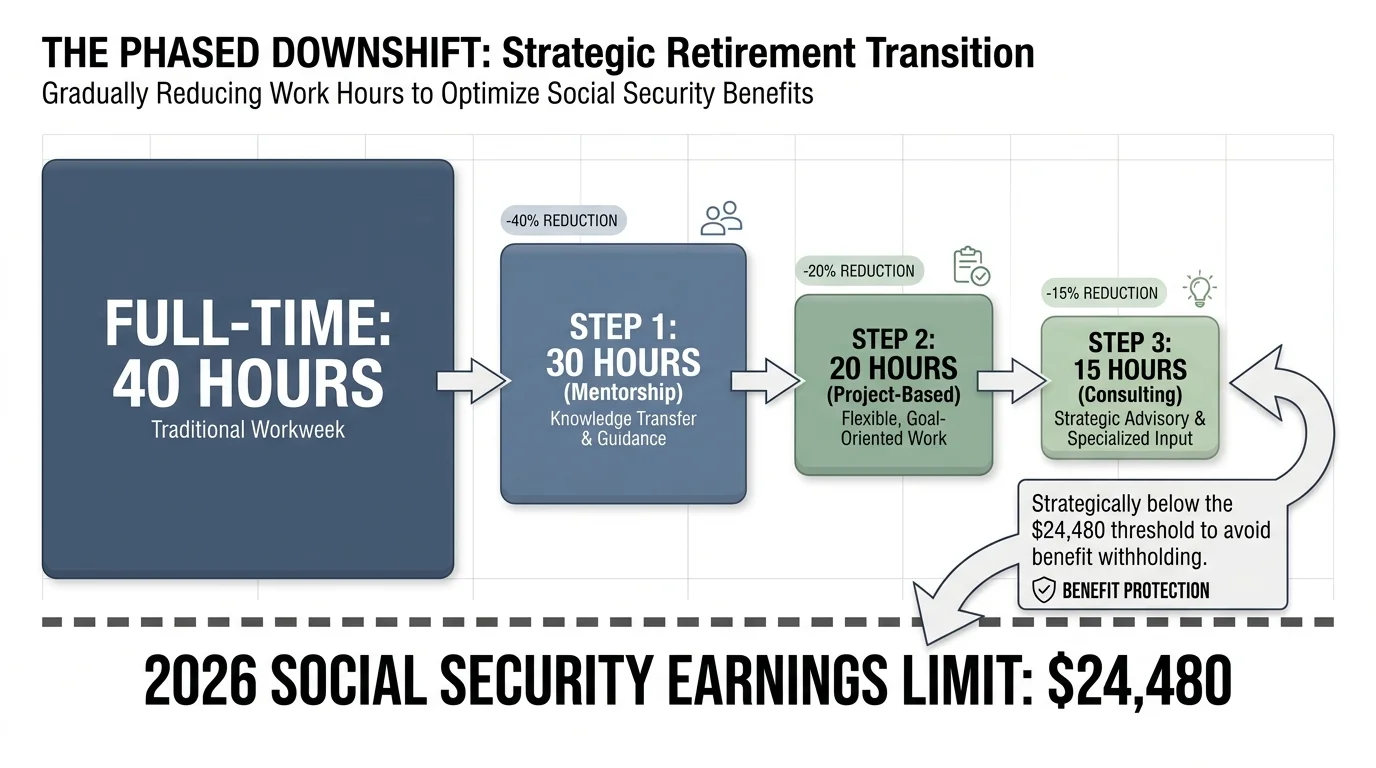 An infographic showing a step-down from 40 hours to 15 hours, staying below the $24,480 Social Security earnings limit.