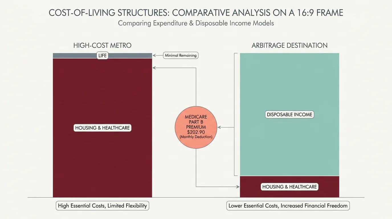An infographic showing how moving to a lower-cost area increases disposable income from the same $1,976 Social Security check.