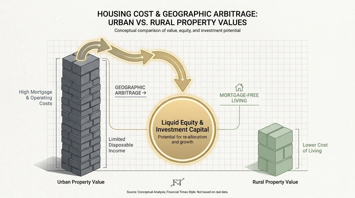 An infographic showing how selling an urban home and buying a rural property creates liquid equity for retirement.