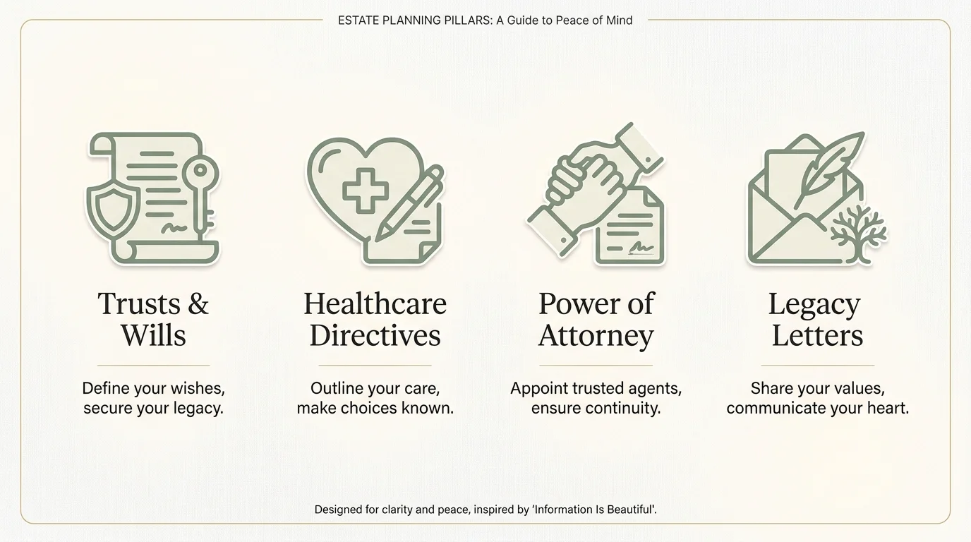 An infographic showing icons for Trusts, Healthcare Directives, Power of Attorney, and Legacy Letters in a horizontal grid.