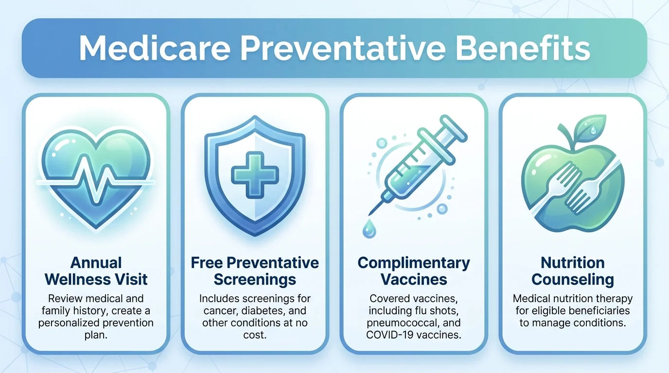 An infographic showing Medicare benefits including annual wellness visits, preventative screenings, and vaccines.