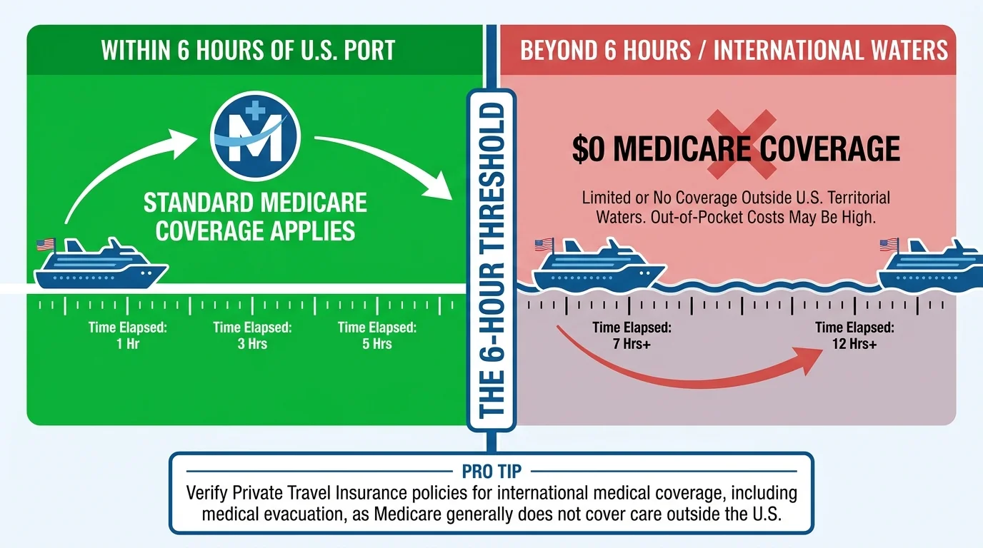 An infographic showing Medicare coverage limits based on the 6-hour rule for cruise ships.
