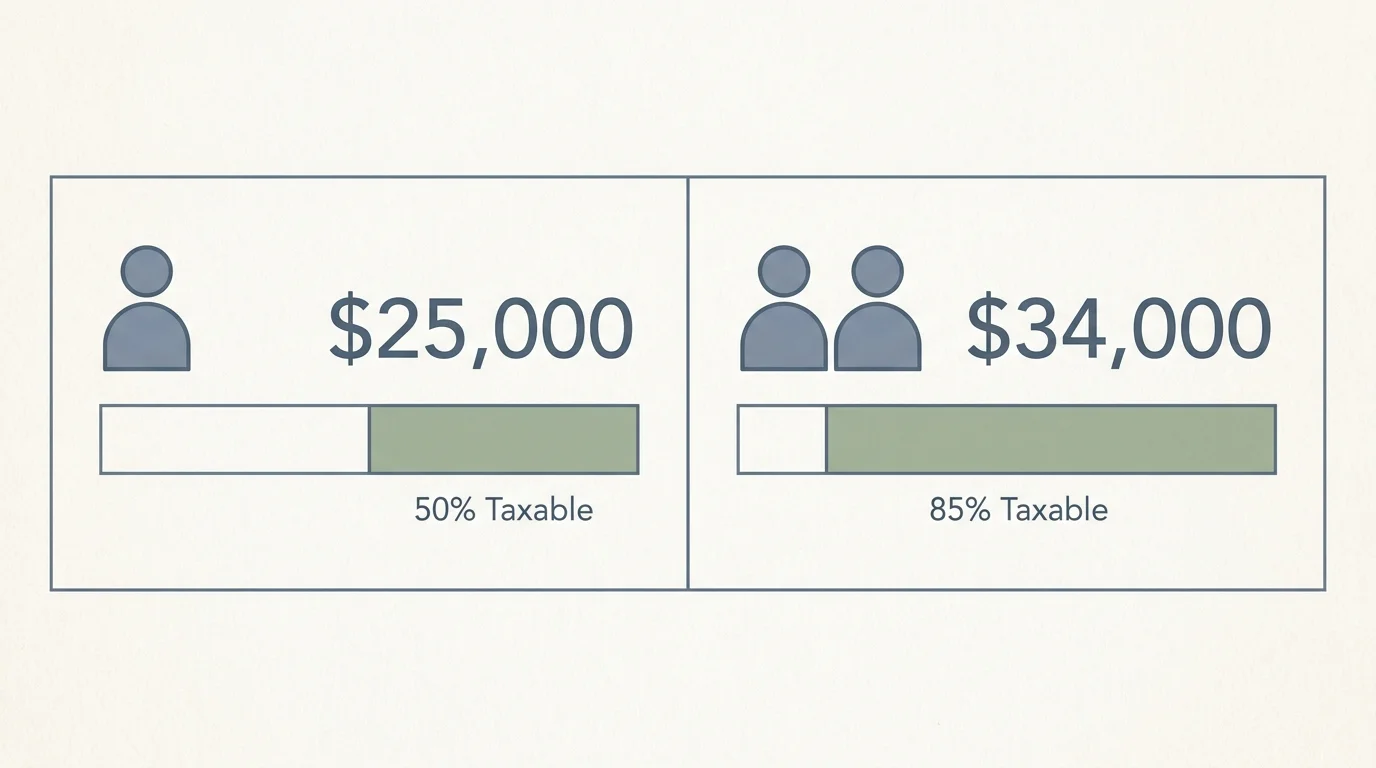 An infographic showing Social Security tax thresholds at $25,000 and $34,000, with 50% and 85% taxable portions highlighted.