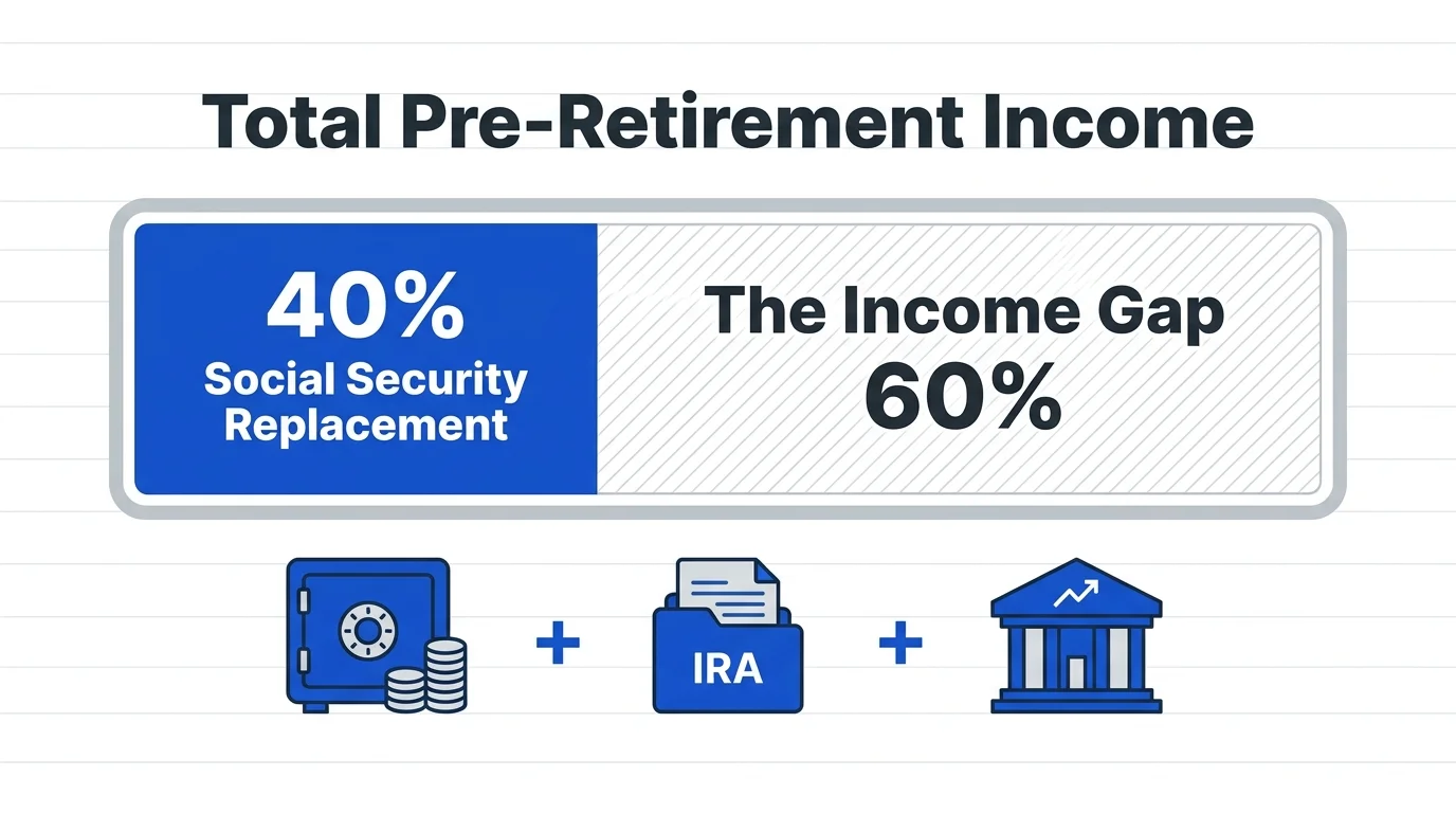 An infographic showing that Social Security only replaces 40% of pre-retirement income, leaving a 60% gap to be filled.