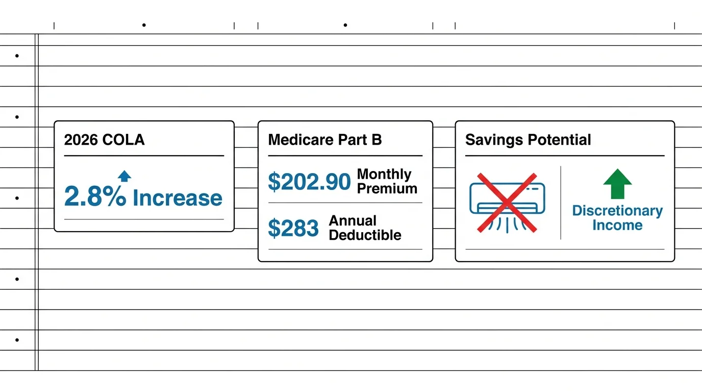 An infographic showing the 2.8% COLA increase, the $202.90 Medicare Part B premium, and the $283 deductible.