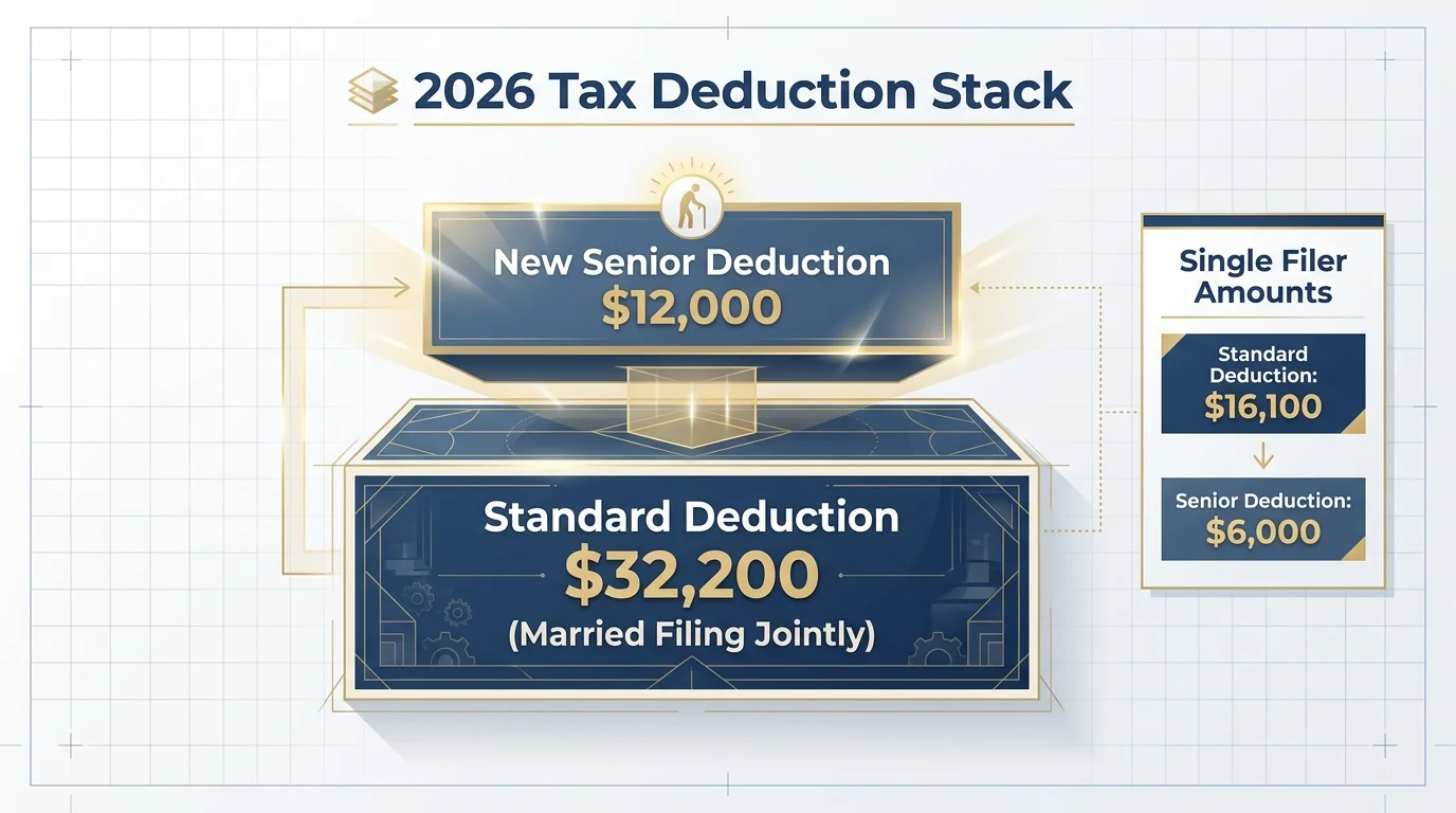 An infographic showing the $6,000 senior deduction and the $32,200 standard deduction for 2026.