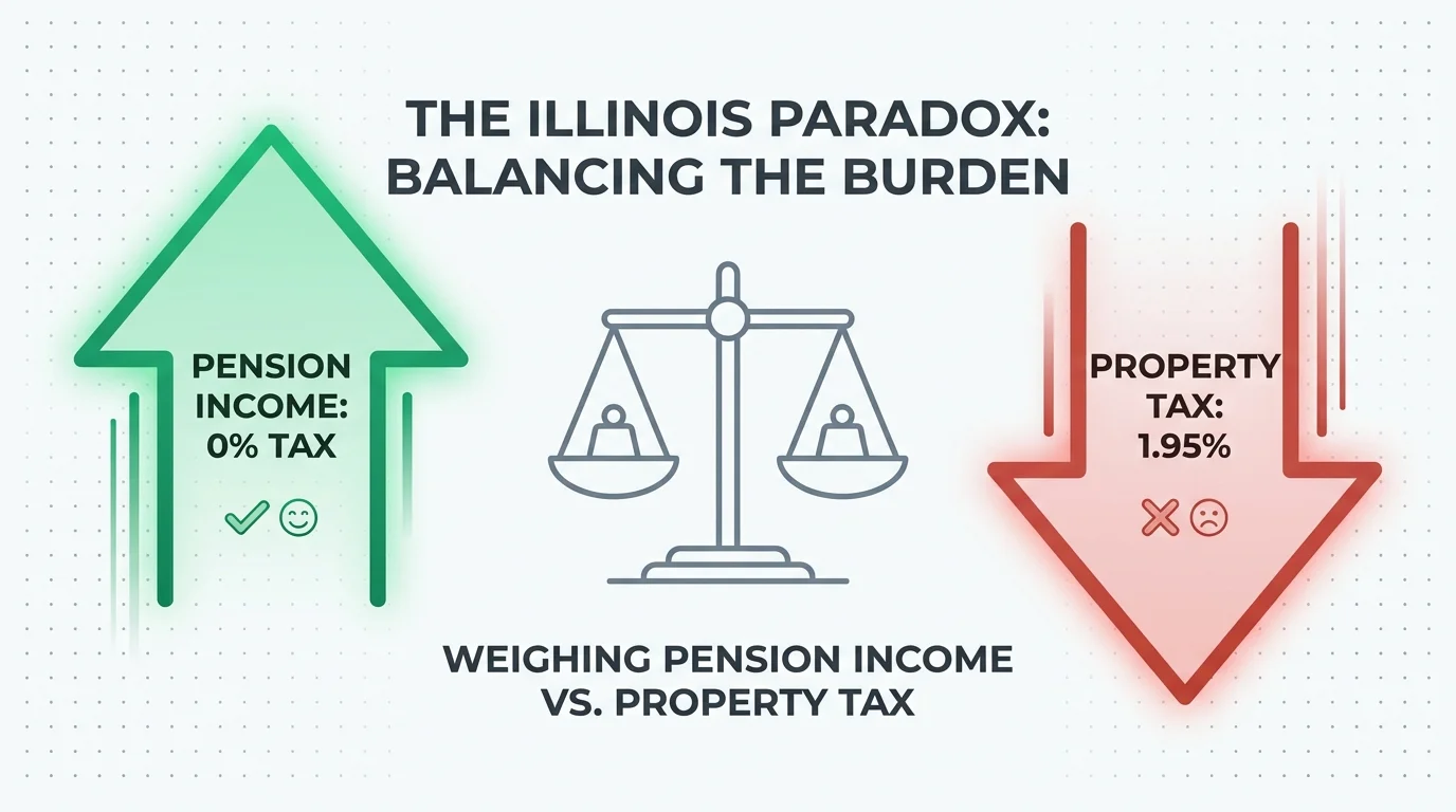 An infographic showing the contrast between Illinois' 0% pension tax and its 1.95% property tax.