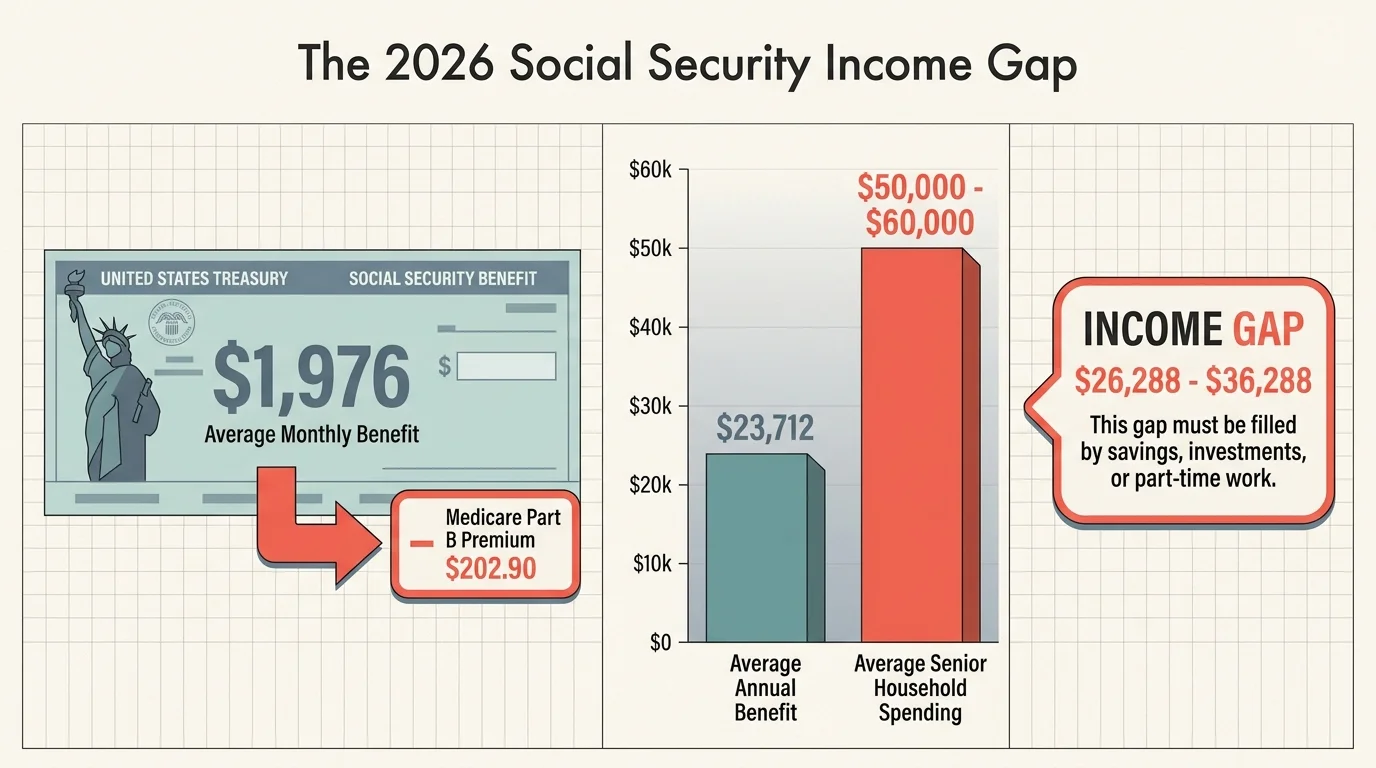 An infographic showing the gap between the $23,712 average annual Social Security benefit and the $50,000-$60,000 in average senior expenses