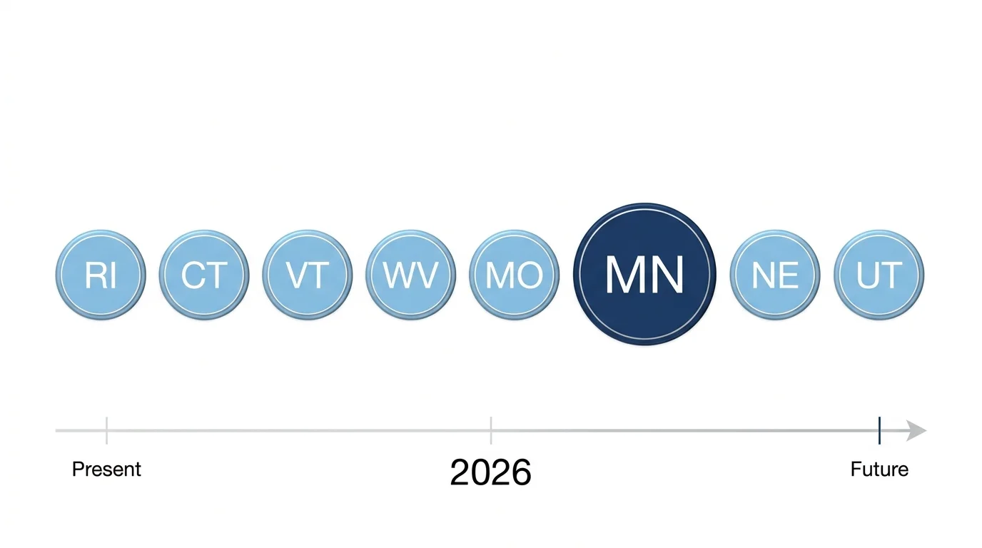 An infographic showing the icons of the eight states, including Minnesota, that still tax Social Security in 2026.