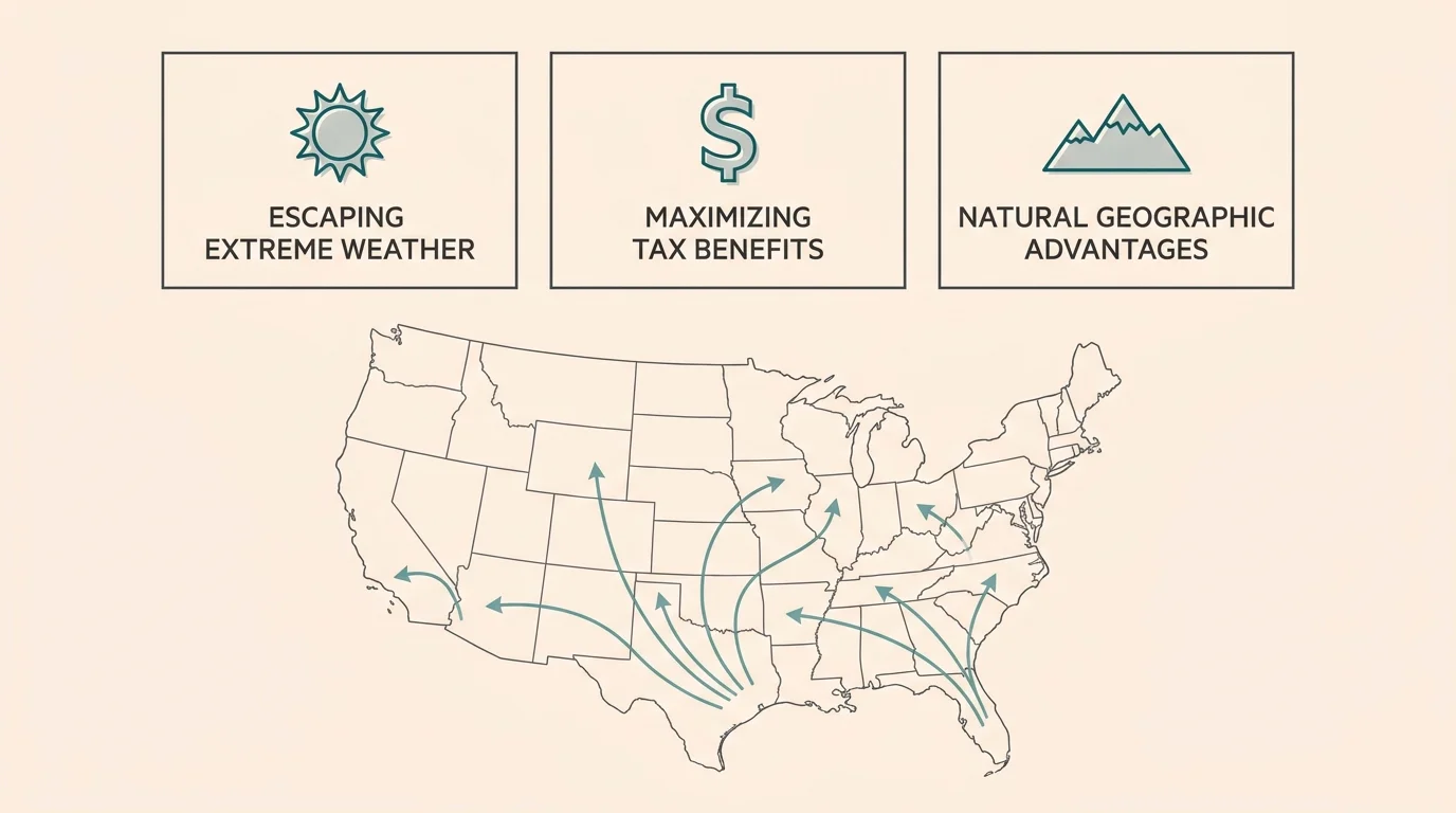 An infographic showing the three main drivers of modern retirement migration: weather, taxes, and geography.