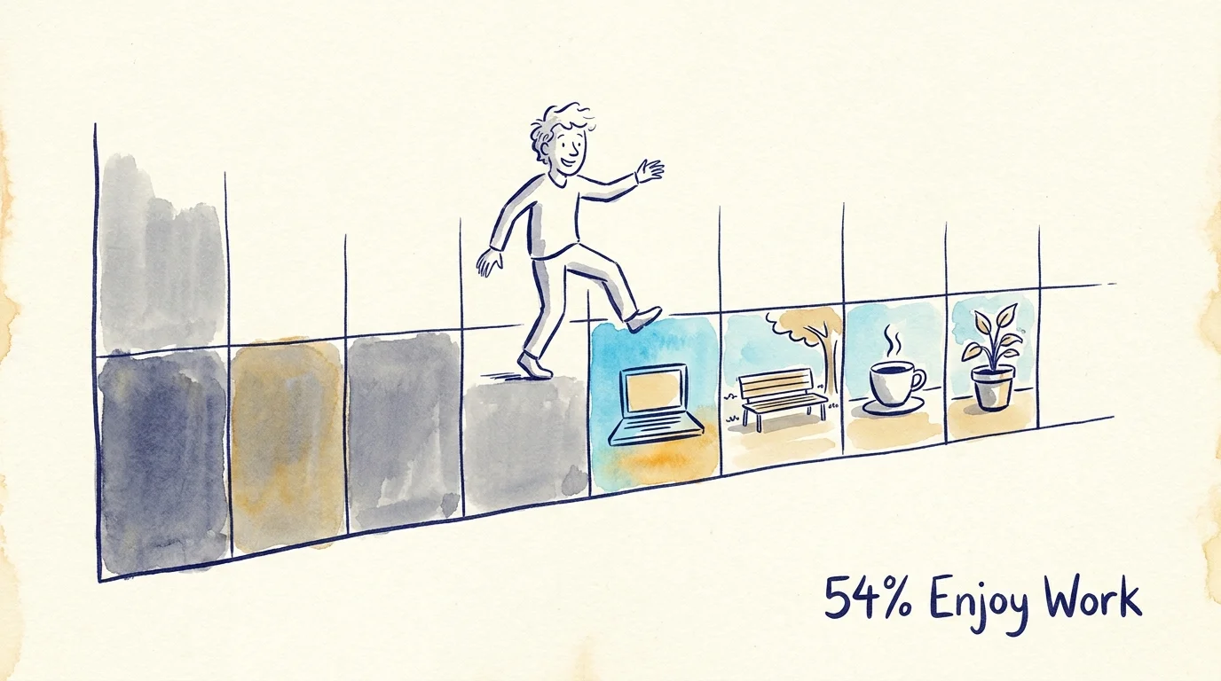 An ink and watercolor drawing showing a person stepping across calendar days that transition from work to leisure activities.