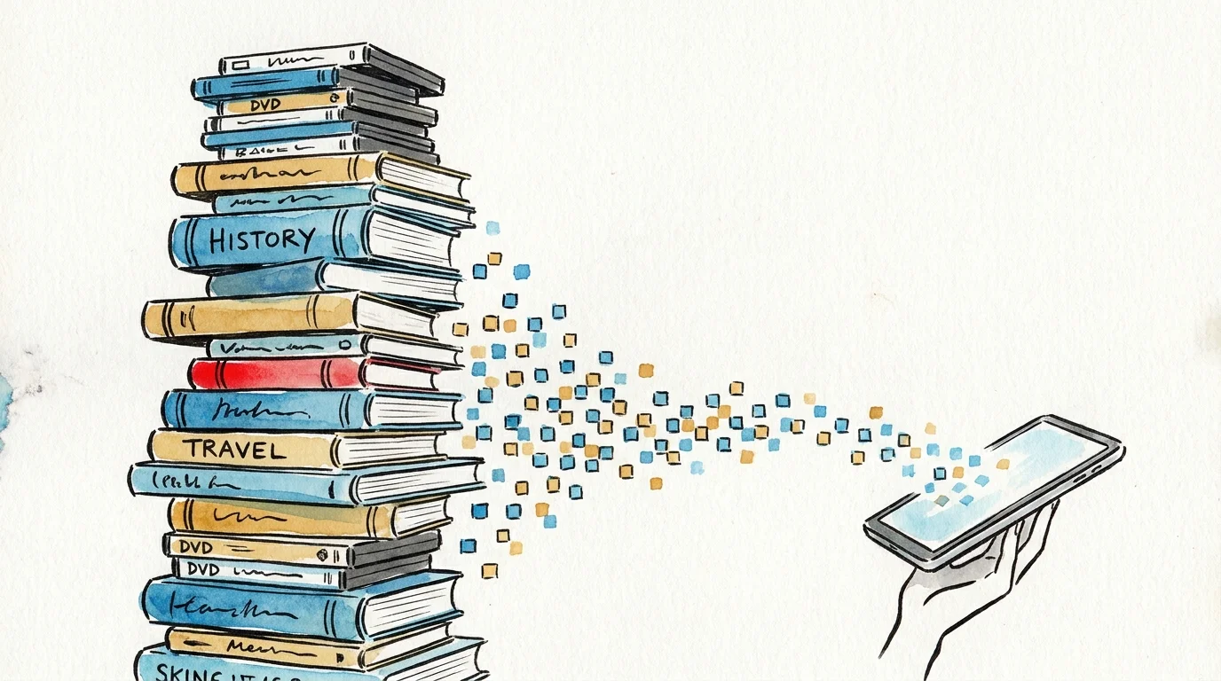 An ink and watercolor drawing showing a tall stack of books transforming into a single digital tablet.