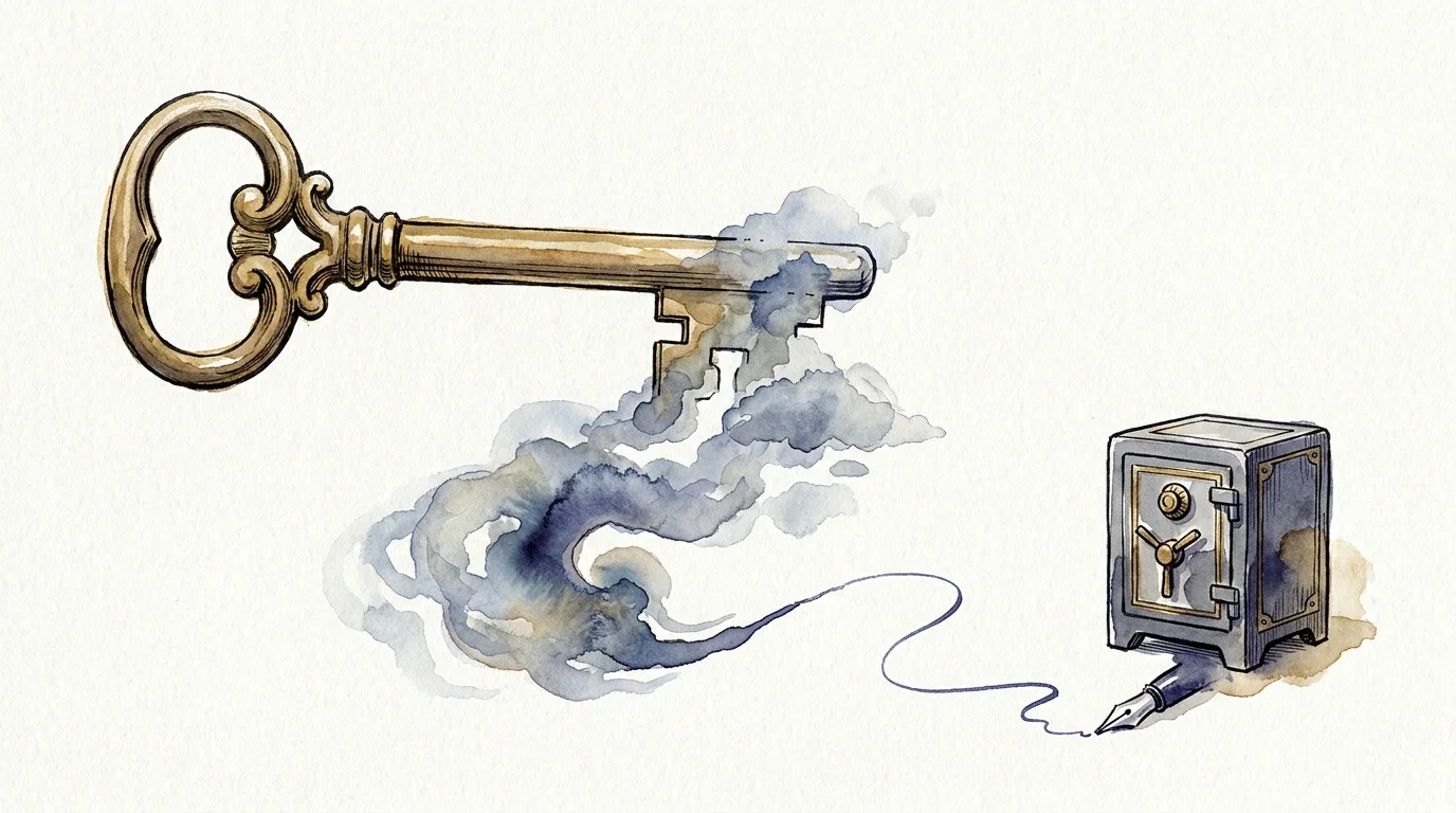 An ink and watercolor illustration of a brass key partially dissolving, symbolizing the transition of financial control during cognitive dec