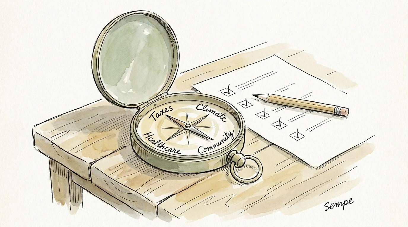 An ink and watercolor illustration of a compass with needles pointing toward taxes, climate, and healthcare.
